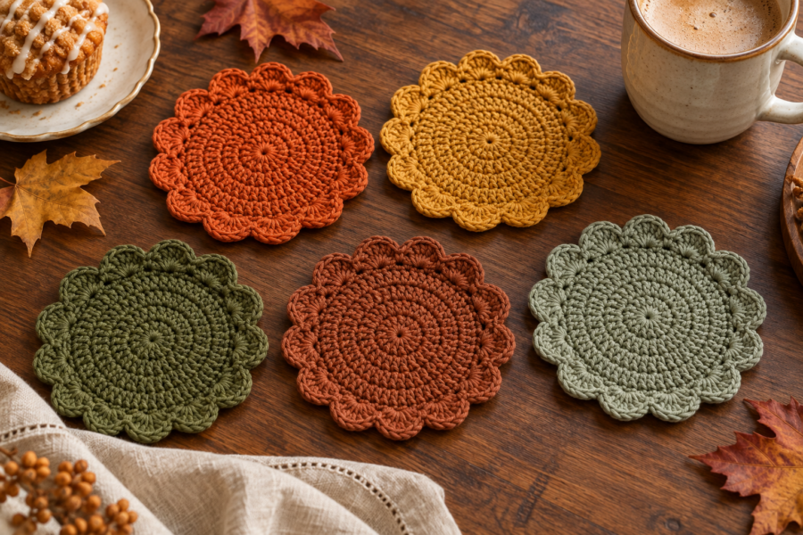 Autumn crochet coasters in burnt orange, mustard, olive, cinnamon, and sage with scalloped edges.