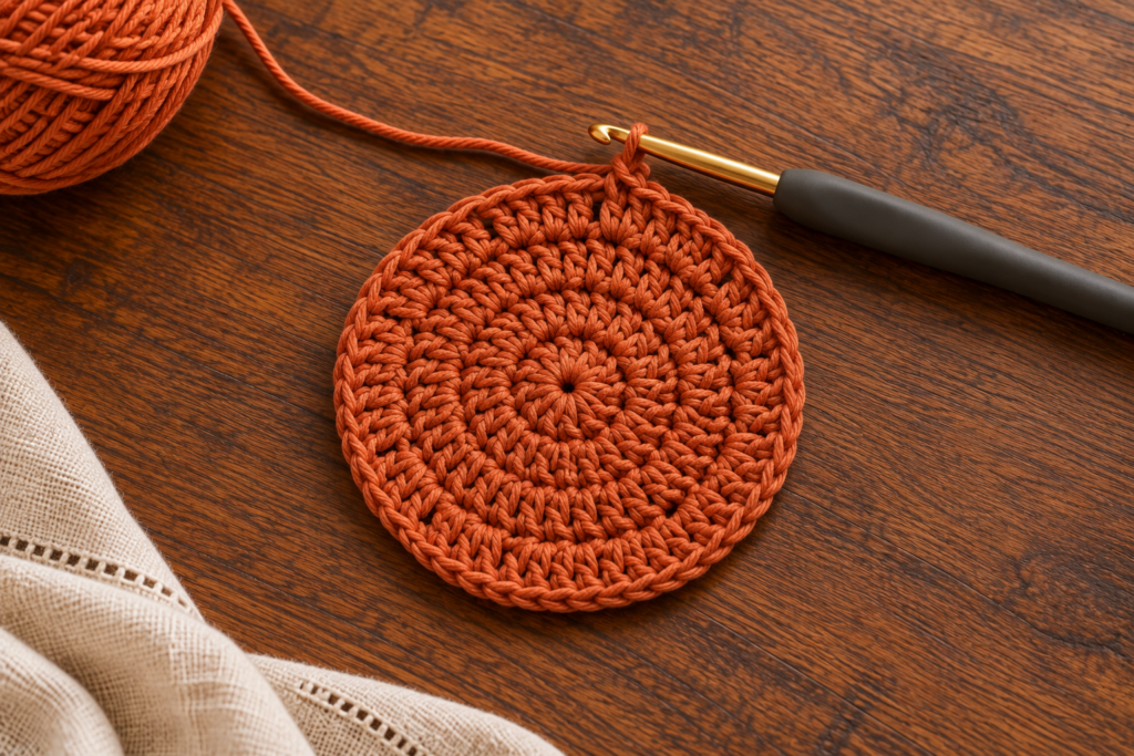 Round 4 demonstration for autumn crochet coasters showing a flat cotton circle and the active loop.