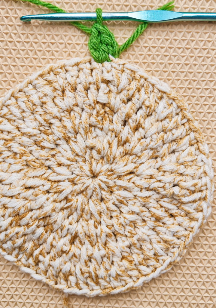 First green V-stitch cluster worked into a top stitch of the coaster.