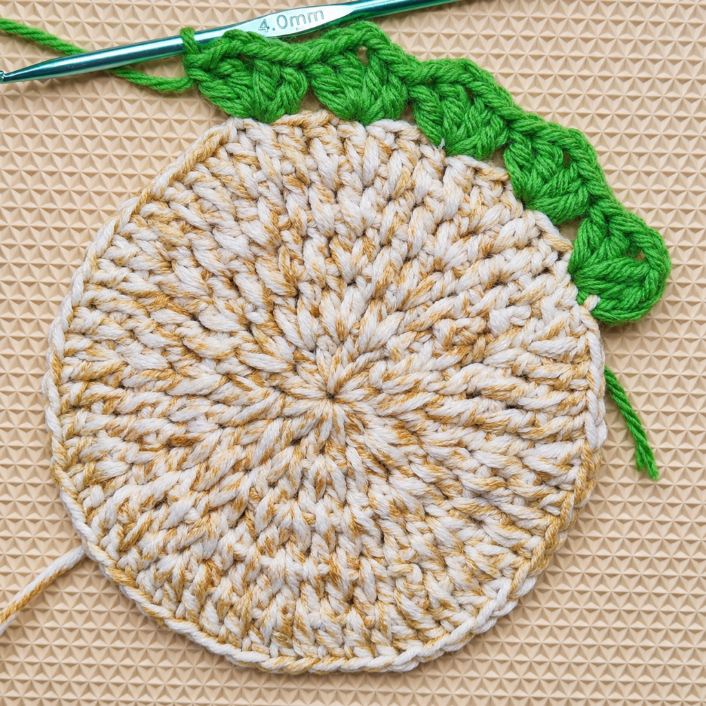 Half of the bright green V-stitch border completed around the round coaster.