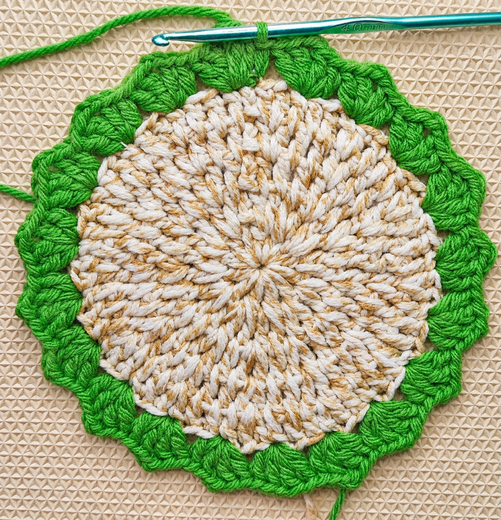 Green V-stitch border nearly complete with the active loop on the hook.