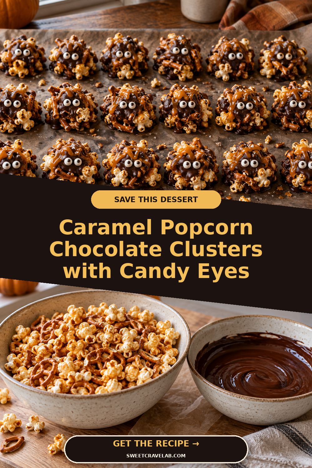 Chocolate Pretzel Popcorn Clusters with Candy Eyes