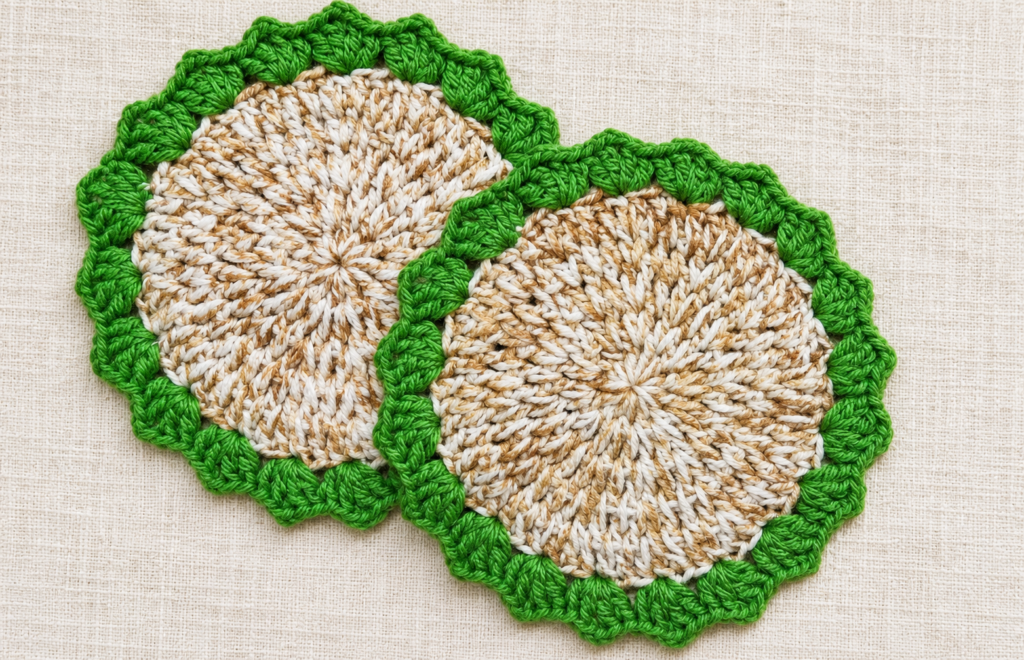 Easy crochet coaster pattern showing two finished round cotton coasters with green scalloped V-stitch borders.