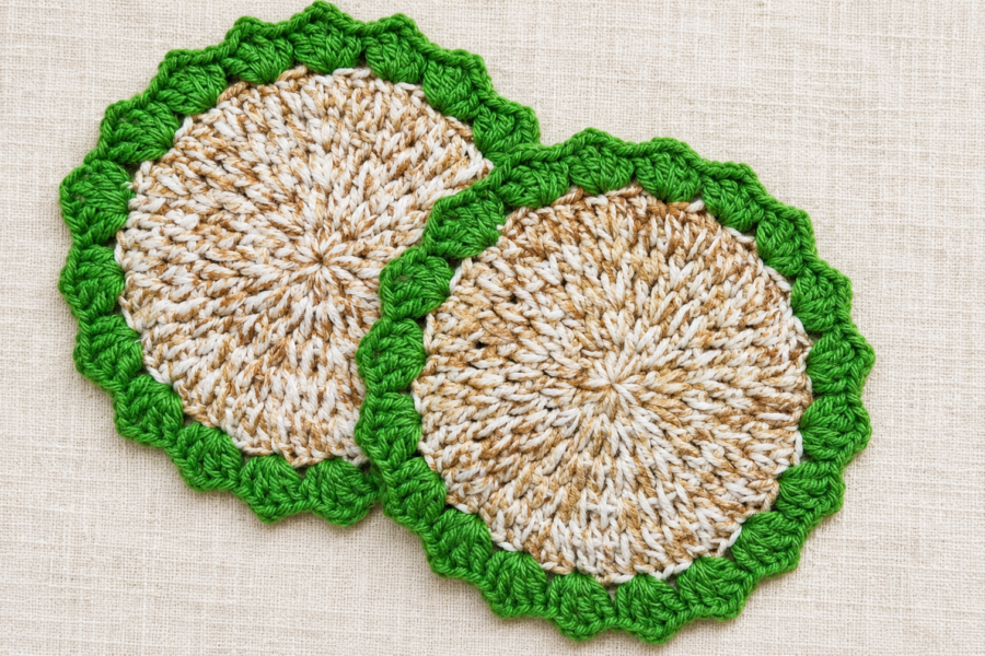 Easy crochet coaster pattern showing two finished round cotton coasters with green scalloped V-stitch borders.