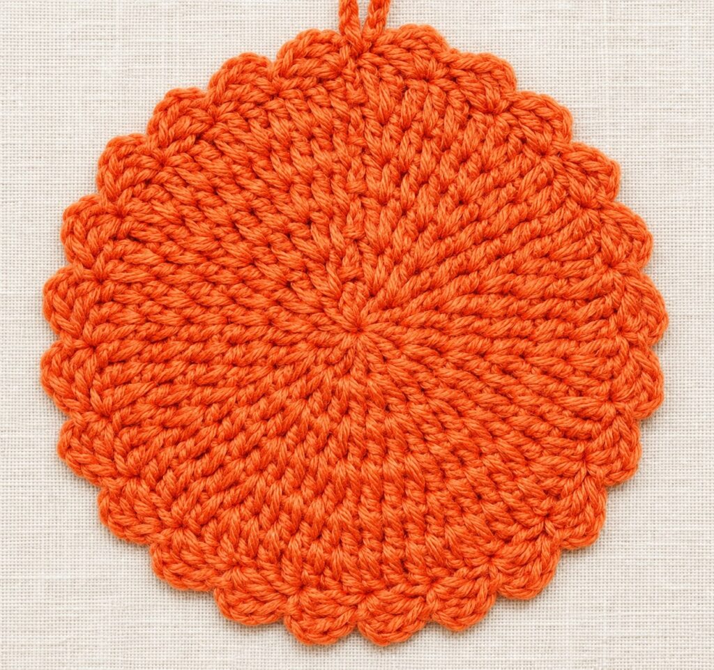 Finished orange crochet pumpkin potholder with a scalloped border and hanging loop.