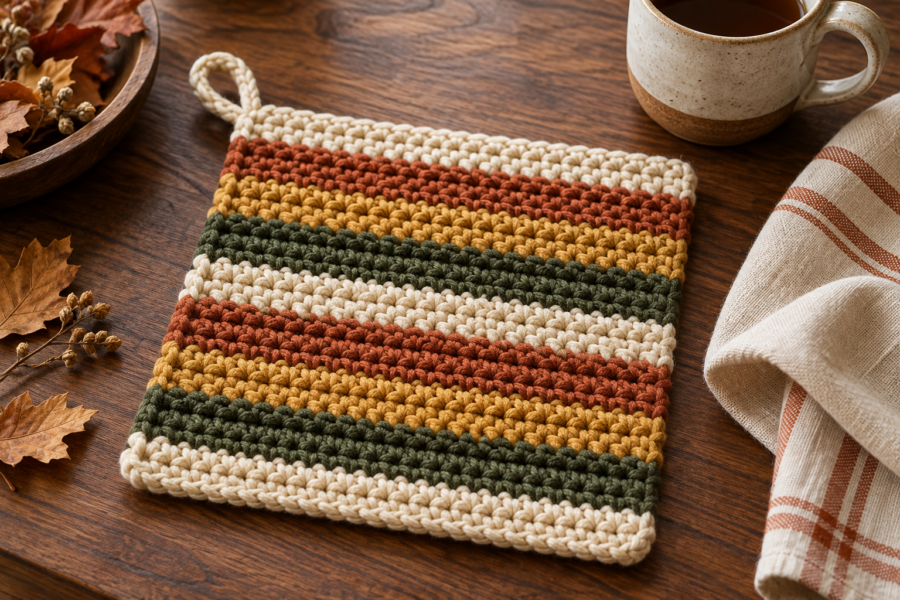 Crochet potholder pattern finished in cream, terracotta, mustard, and olive cotton stripes on a warm kitchen table.