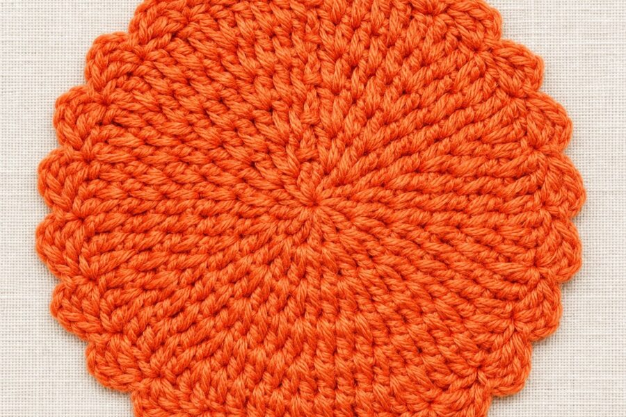 Finished orange crochet pumpkin potholder with a scalloped border and hanging loop.