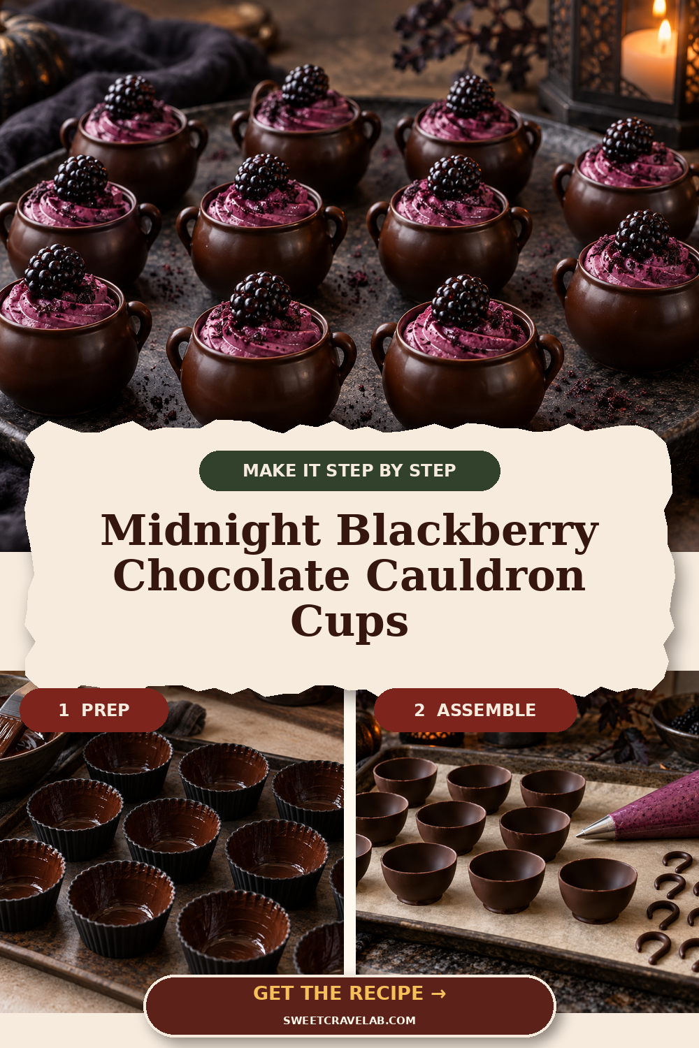 Dark Chocolate Cauldrons with Blackberry Cream