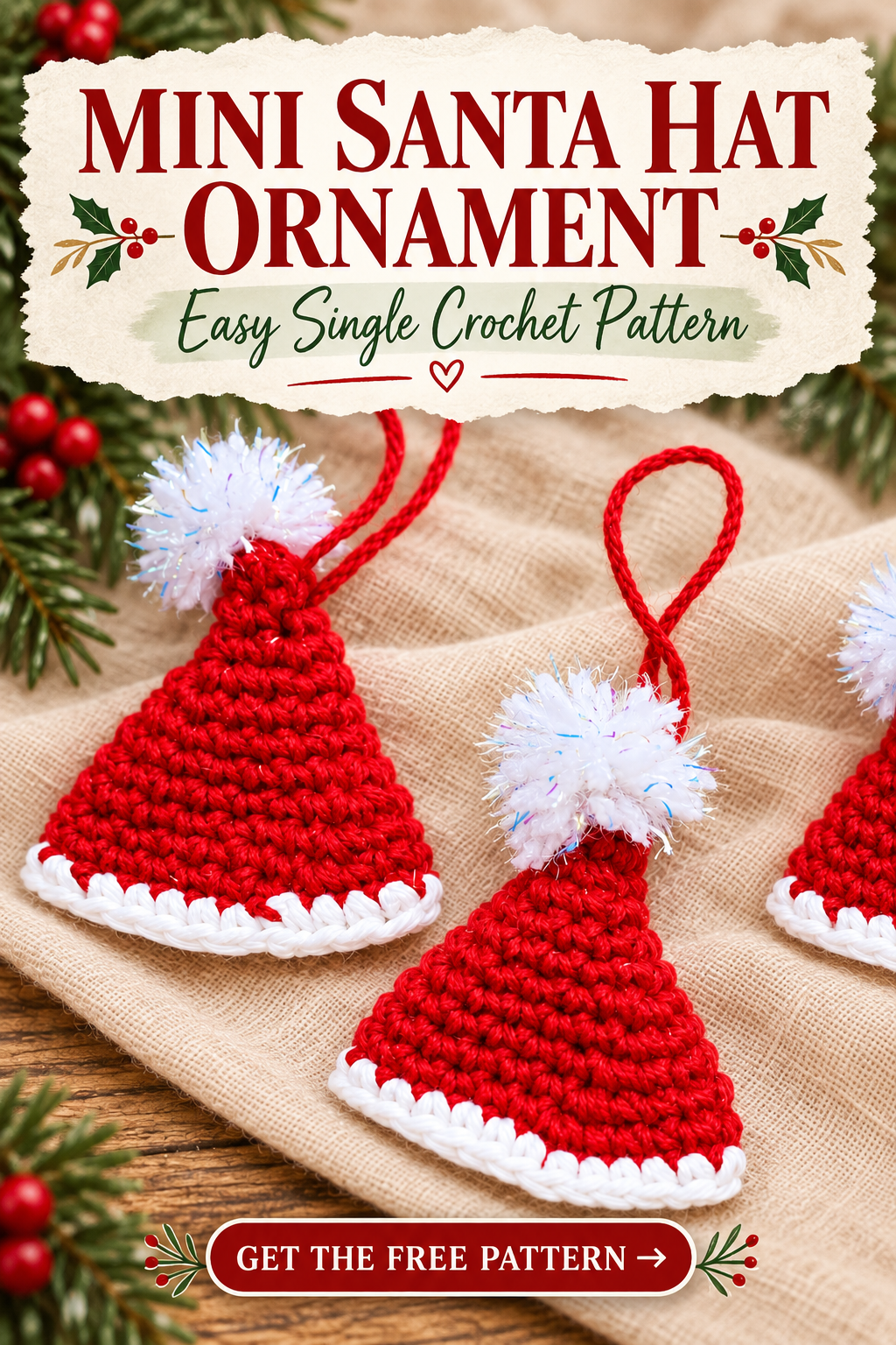 Crochet Mini Santa Hat Ornament - Easy Free Pattern