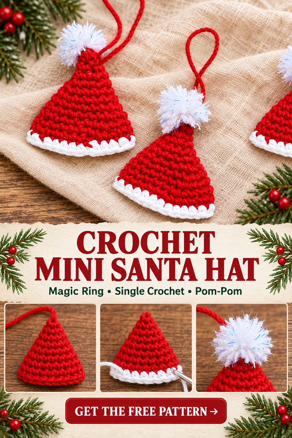 Easy Crochet Mini Santa Hat Ornament Step by Step