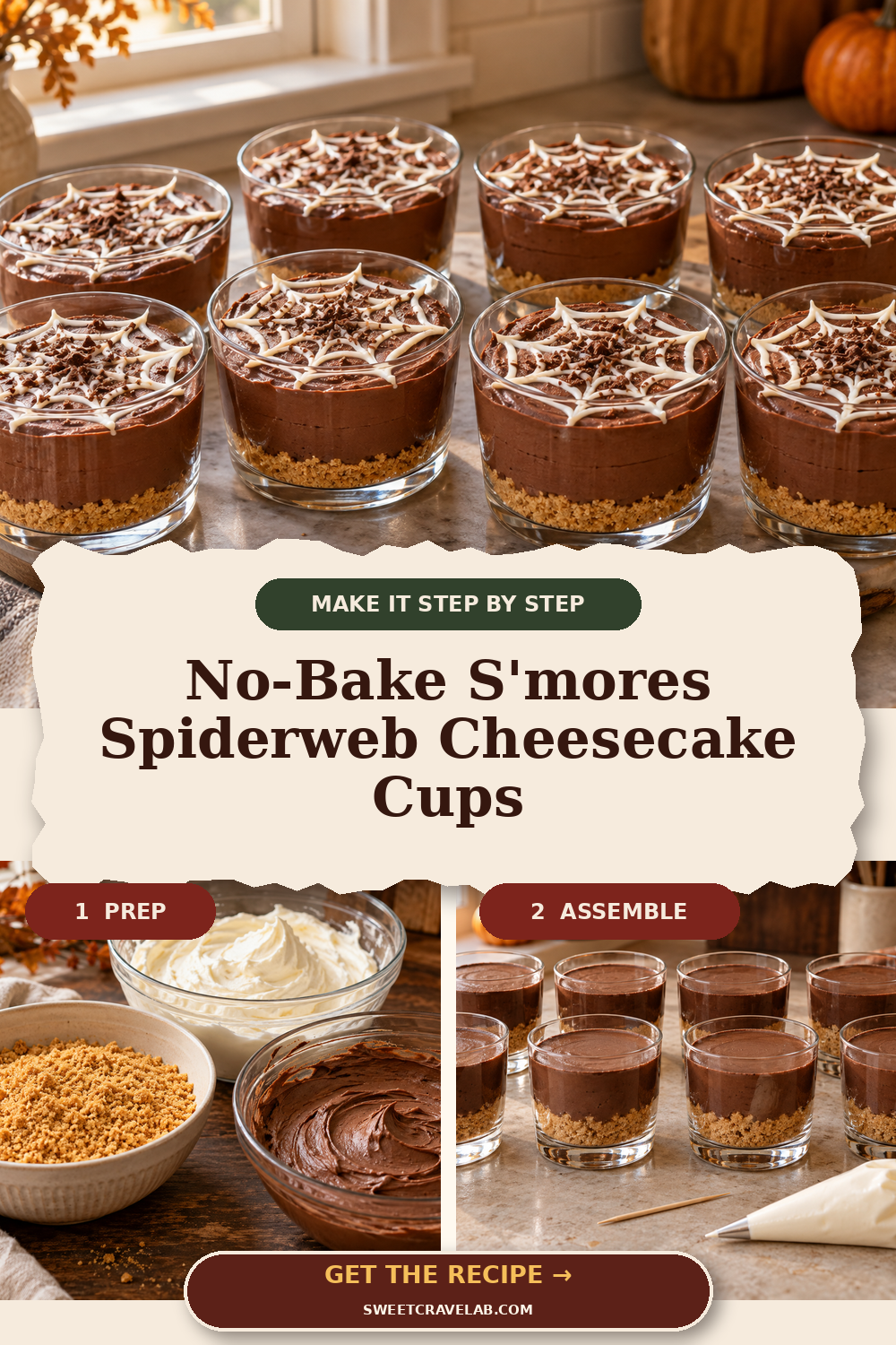 Chocolate Cheesecake Cups with Marshmallow Webs