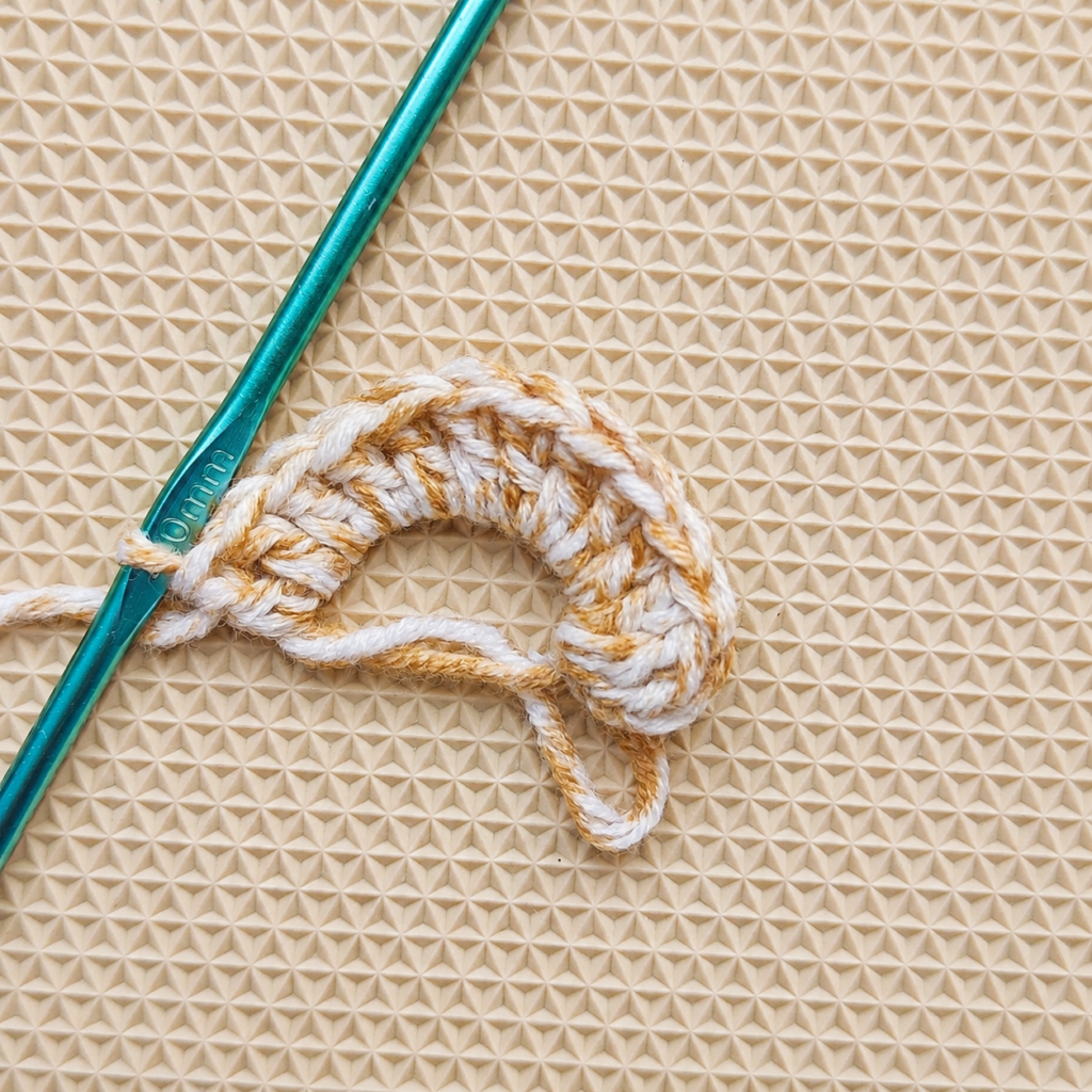First group of double crochet stitches growing around the open magic circle.