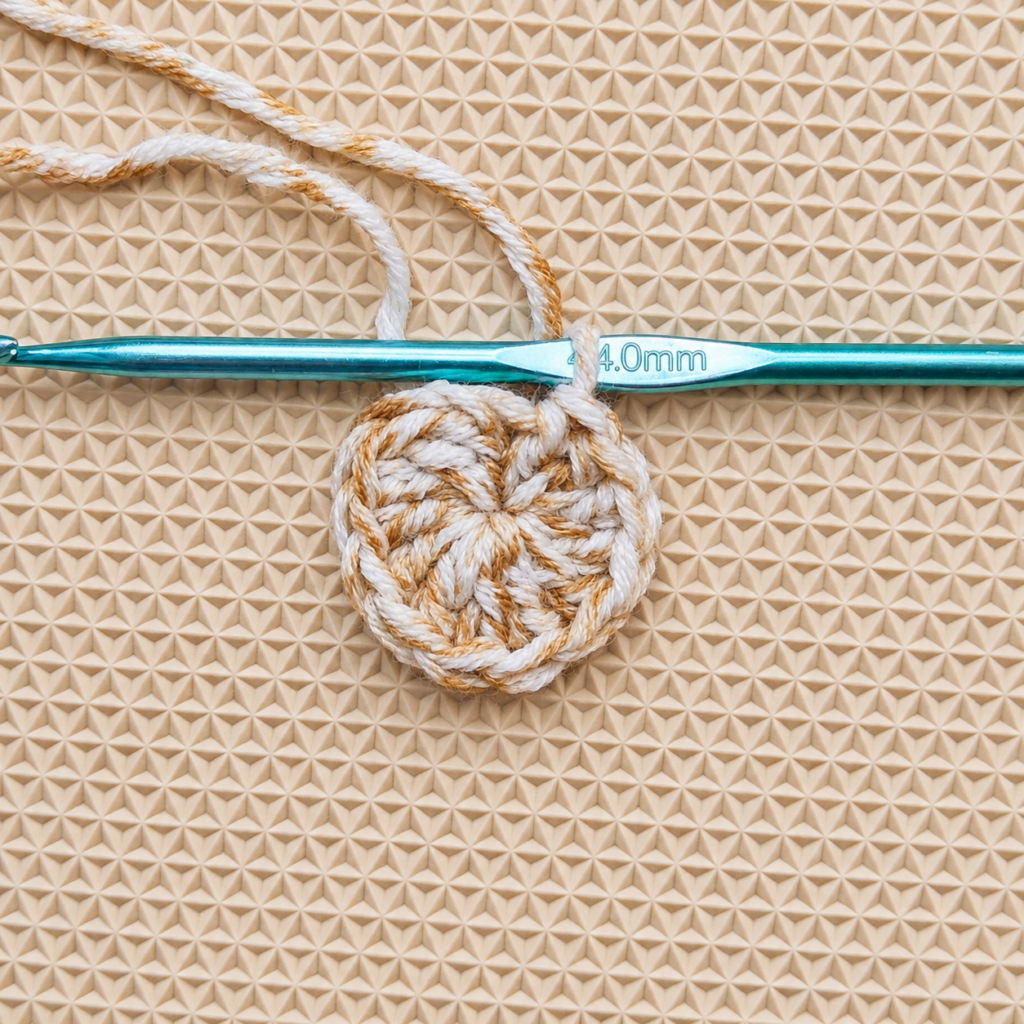 Twelve double crochet stitches completed around the magic circle.