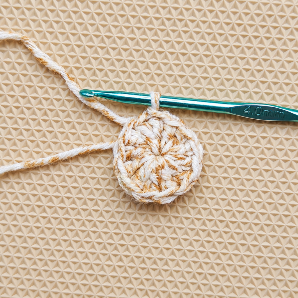Round one joined into a small flat crochet circle with the center tightened.
