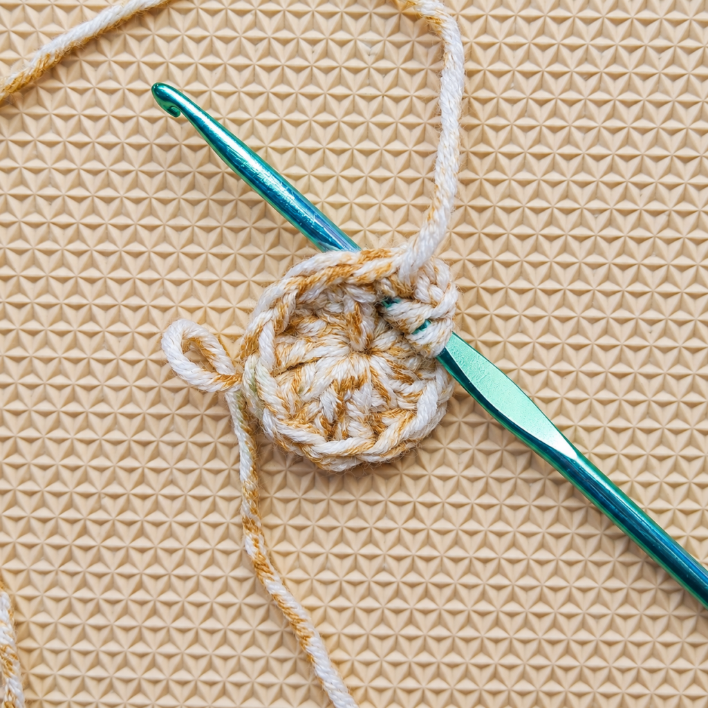 Crochet hook positioned in the space between double crochet posts for Round 2.