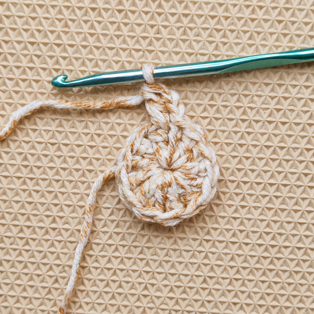 Several Round 2 increases formed as paired double crochet stitches.