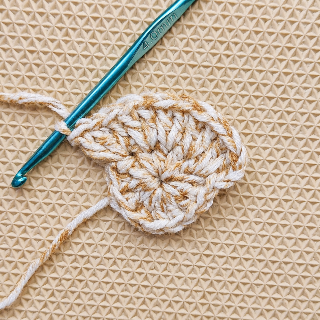 Round 2 crochet circle nearly complete with paired stitches around the edge.