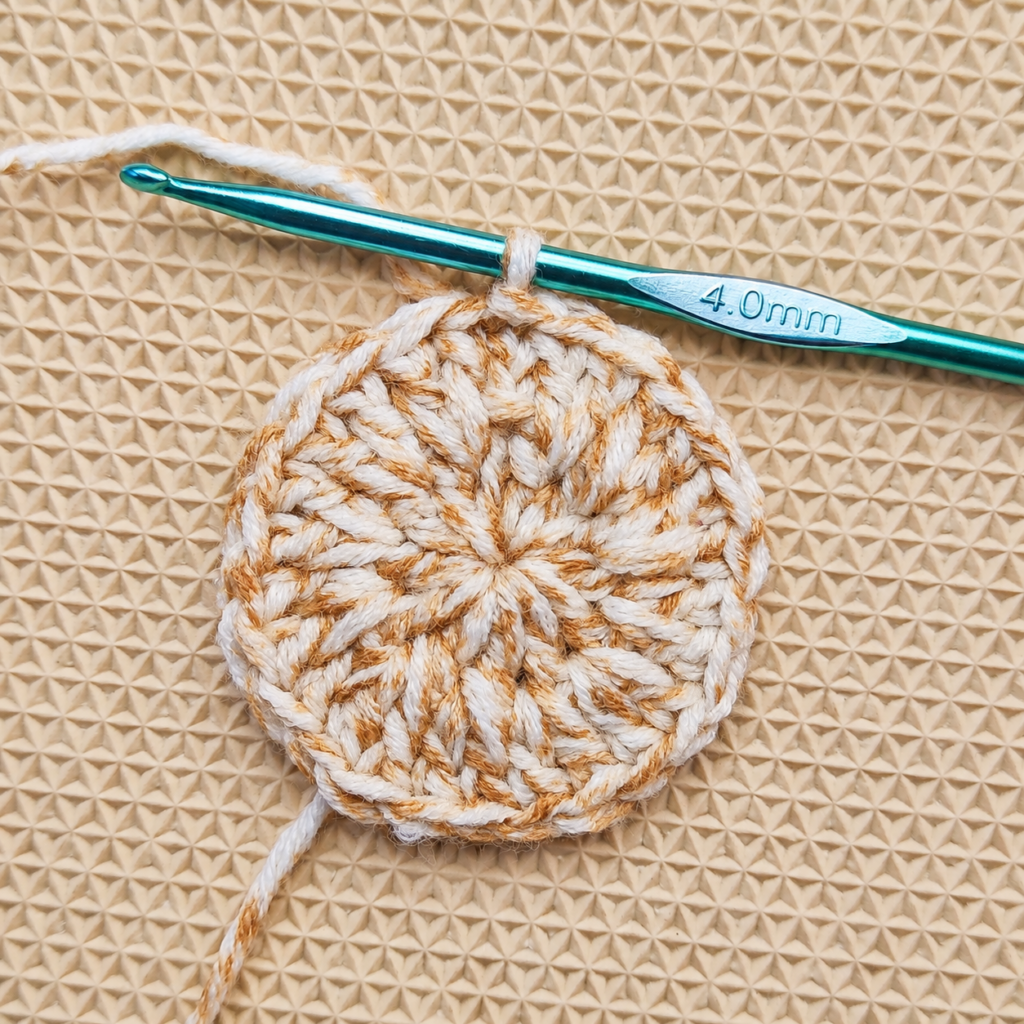 Completed Round 2 of the easy crochet coaster pattern with twenty-four stitches.