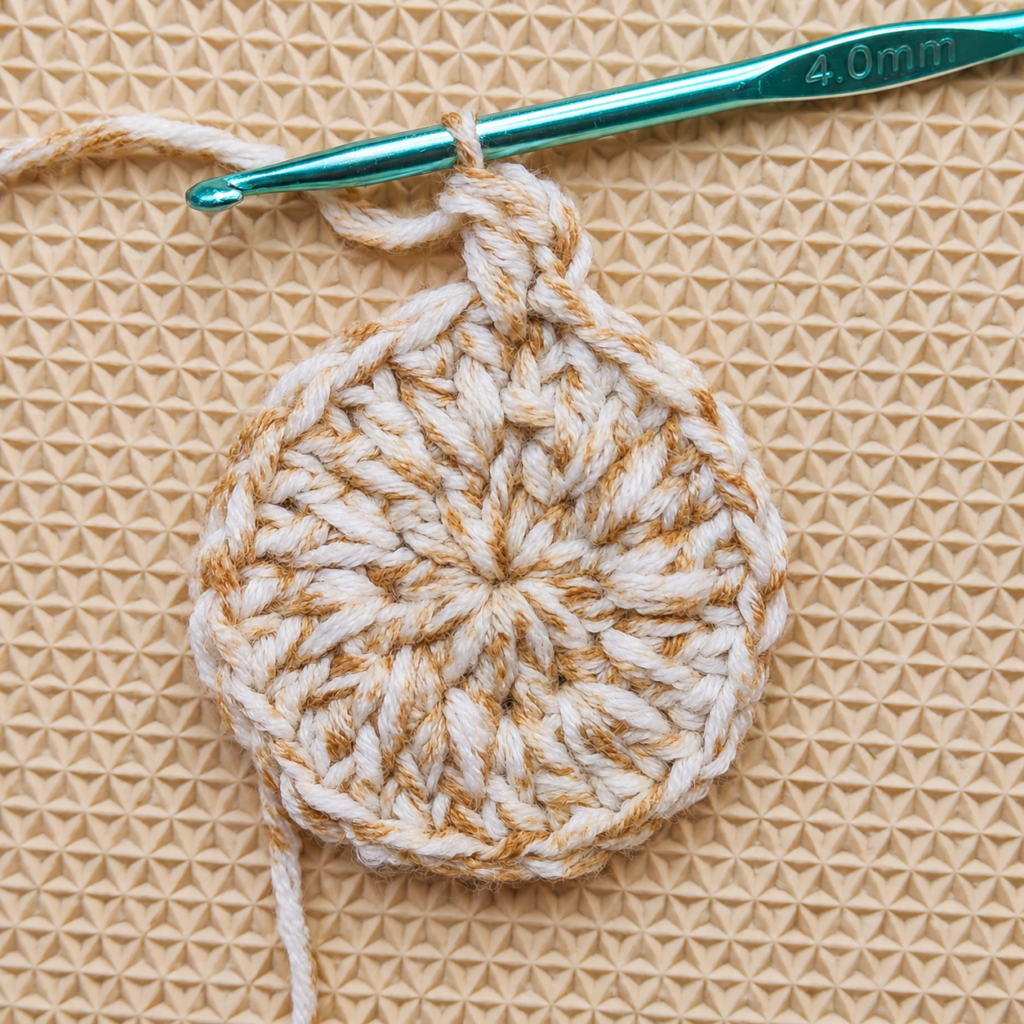 Alternating single double crochet and increase groups in Round 3.