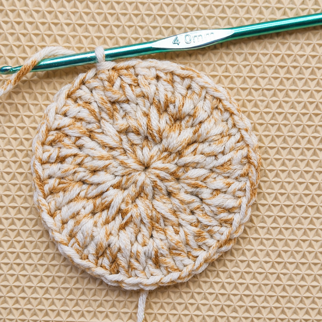 Completed Round 3 crochet circle with thirty-six double crochet stitches.