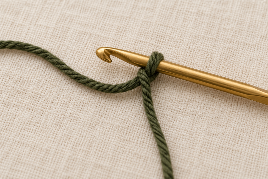 Slip knot for the crochet potholder pattern in cream cotton yarn beside a 4 mm hook.