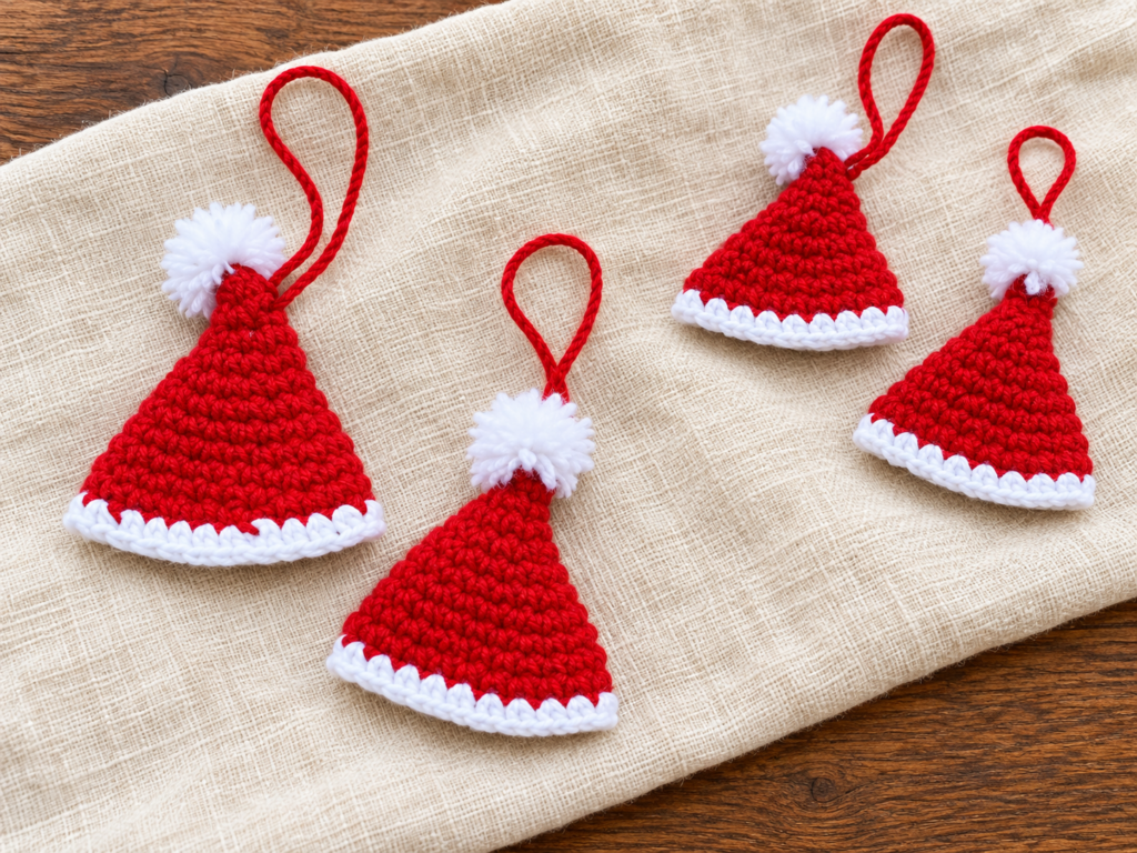 Finished crochet mini Santa hat ornaments arranged on warm ivory linen.