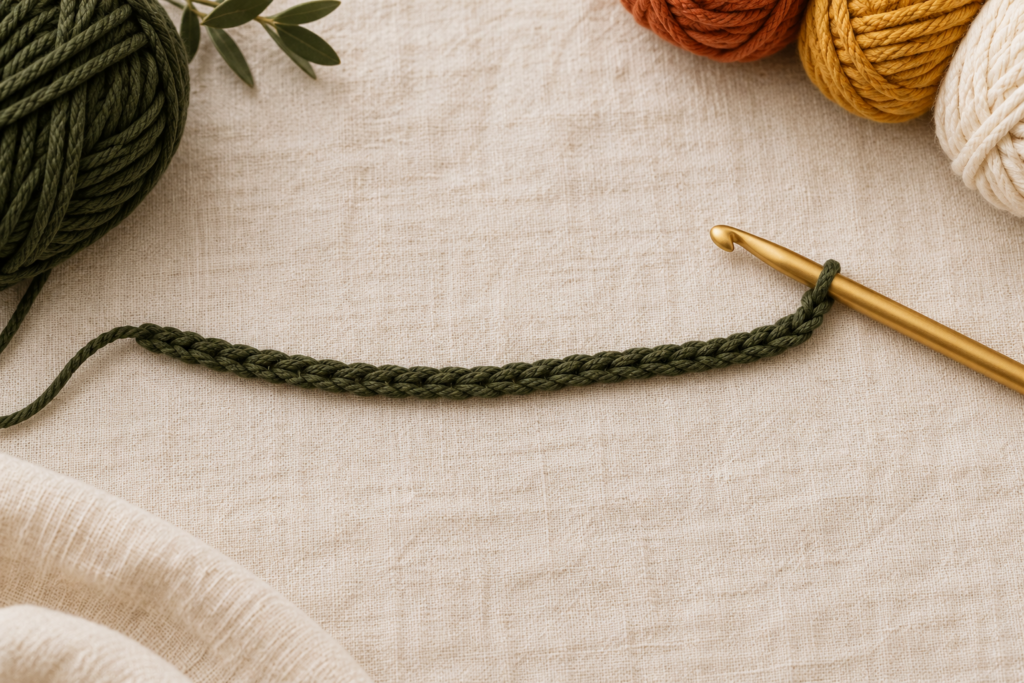 Foundation chain of 34 stitches for a striped crochet potholder pattern.