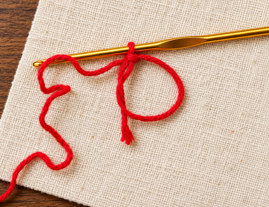 Magic circle for a crochet mini Santa hat ornament with red yarn and a gold crochet hook.