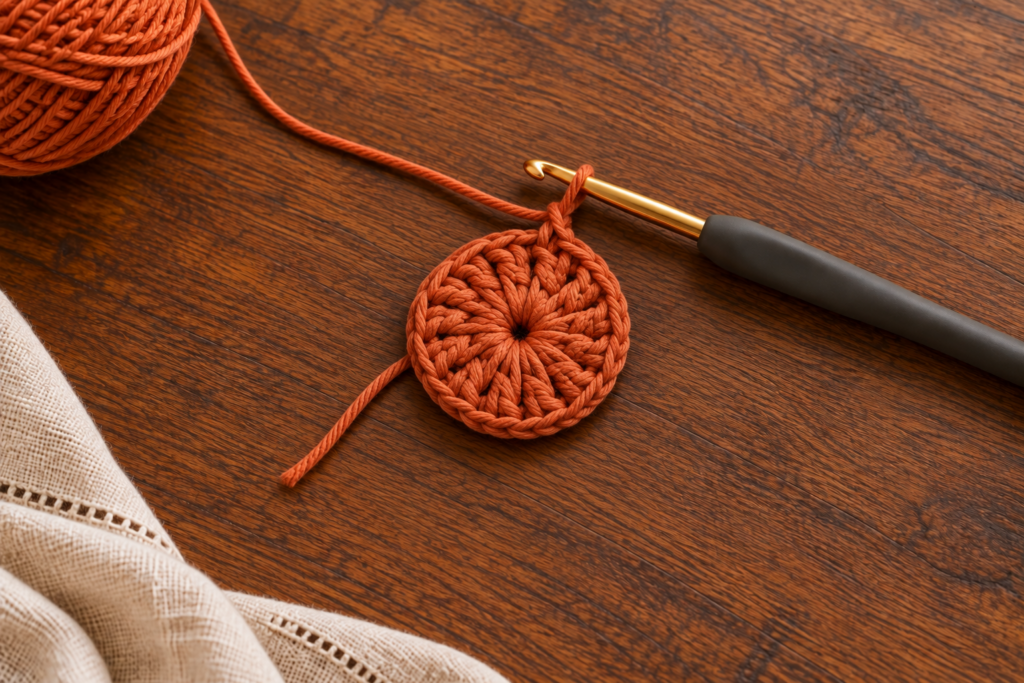Round 1 demonstration for autumn crochet coasters with twelve double crochet stitches.