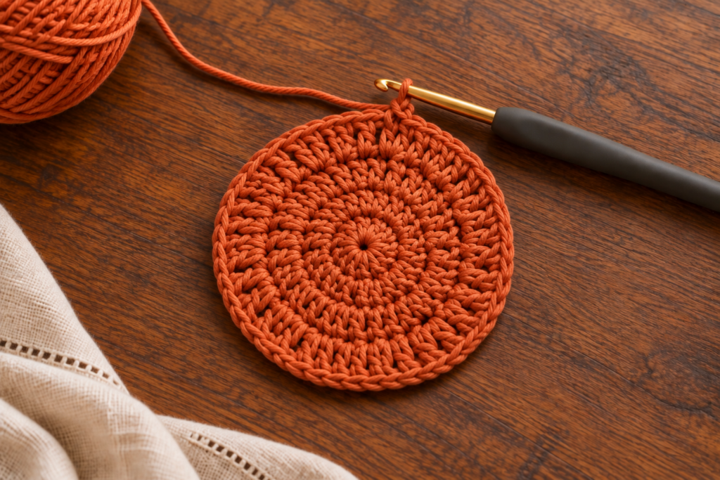 Round 2 demonstration for autumn crochet coasters with twenty-four double crochet stitches.