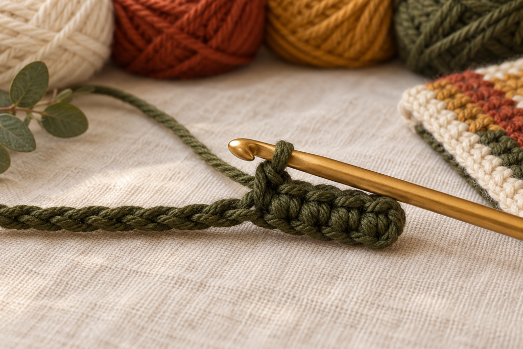 First five single crochet stitches of the potholder foundation row.