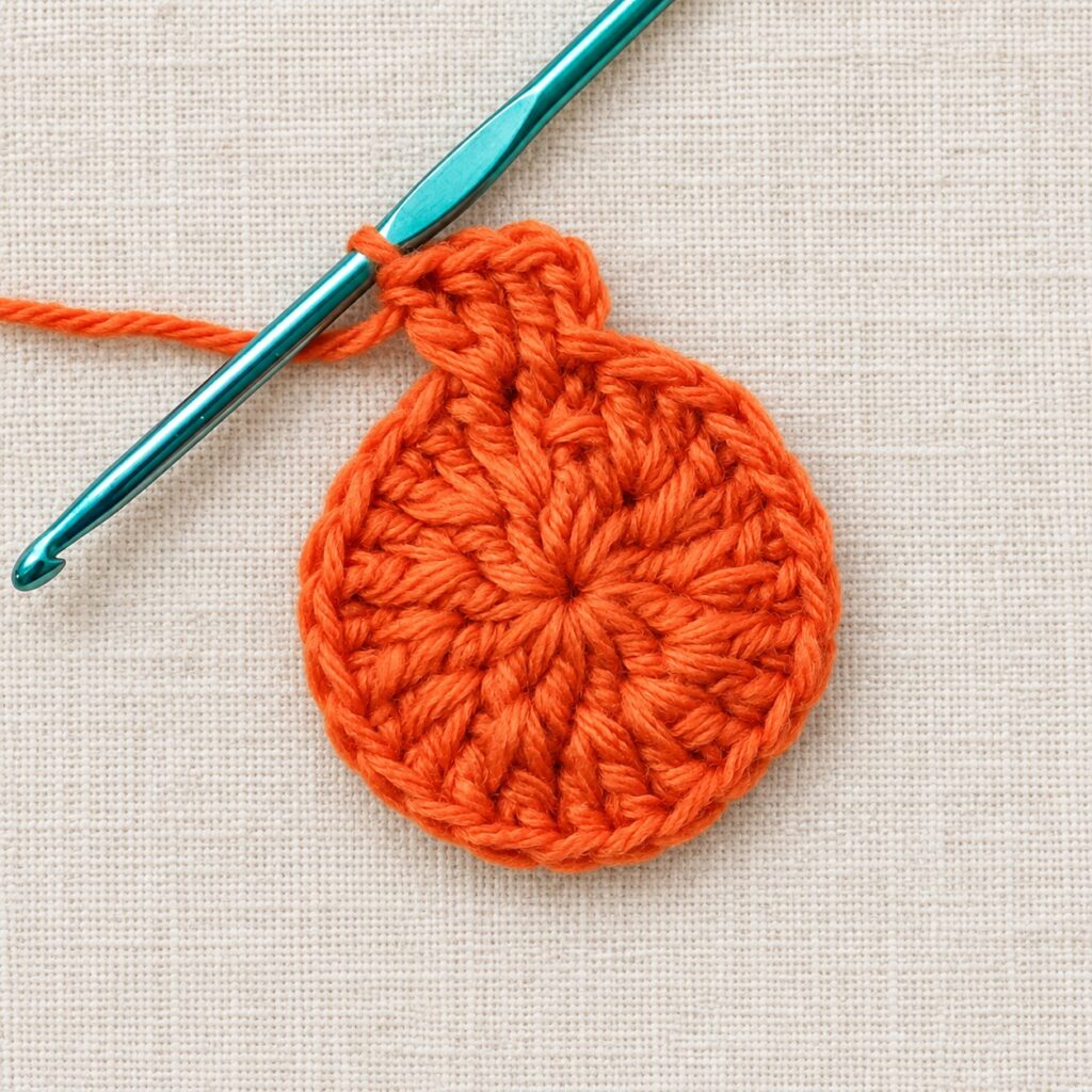 The pumpkin potholder circle growing during the second increase round.