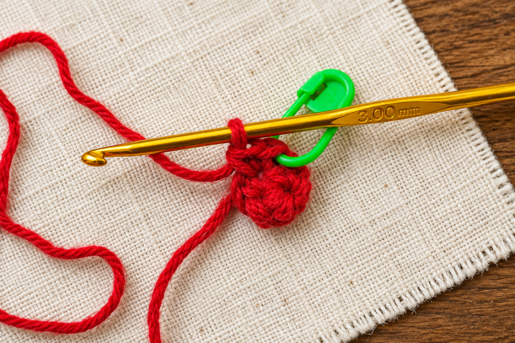 Round 3 of the crochet mini Santa hat ornament showing six red single crochet stitches.
