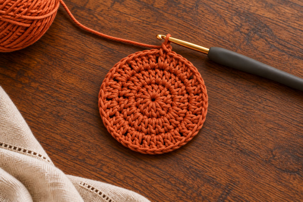 Round 3 demonstration for autumn crochet coasters with evenly spaced increases.