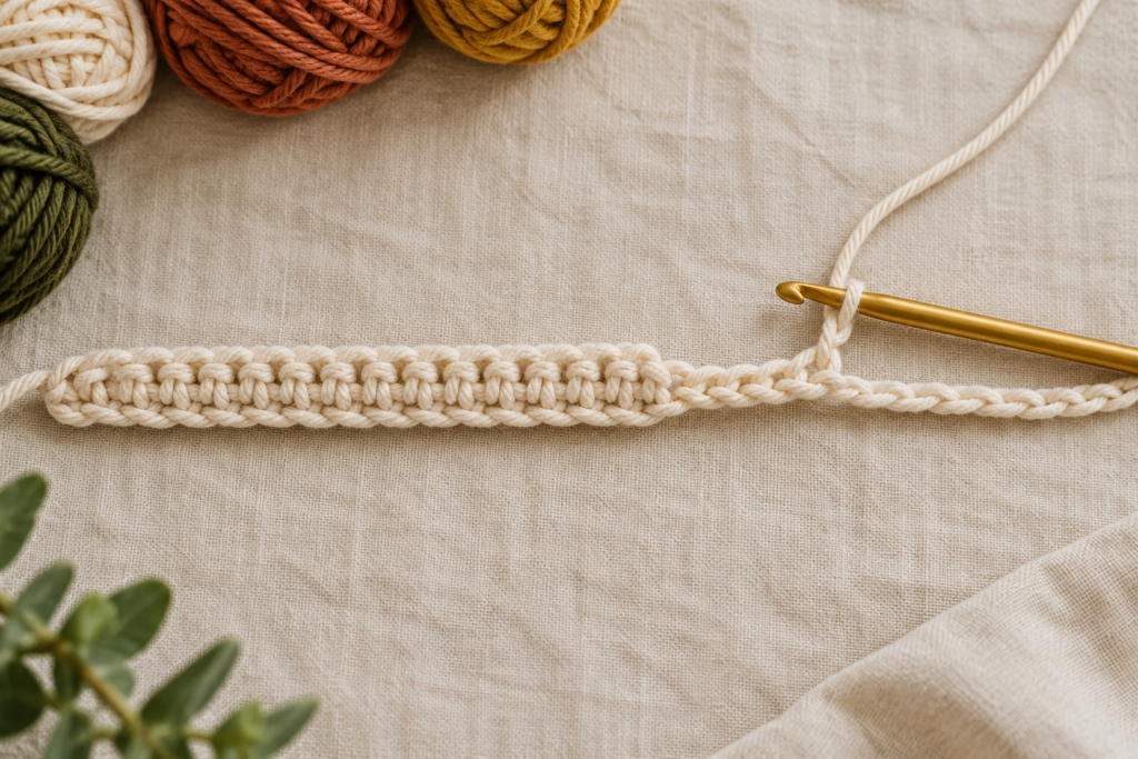 Half-completed first row of cream single crochet stitches.