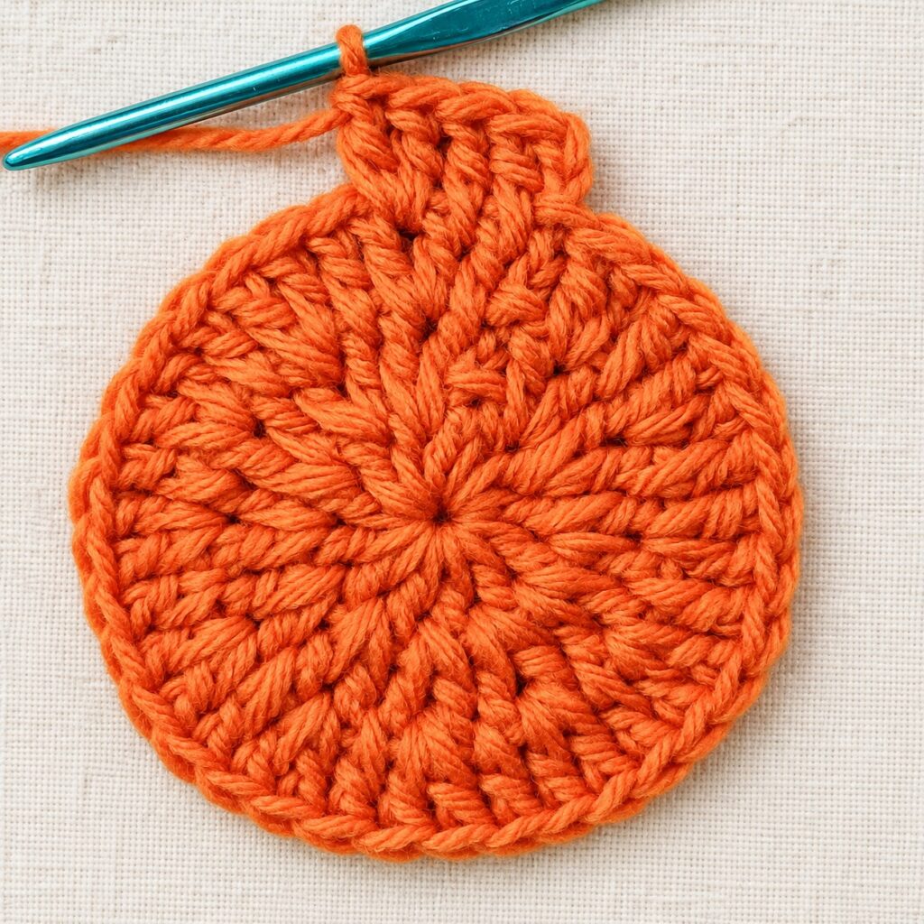 The orange crochet circle after the third increase round.