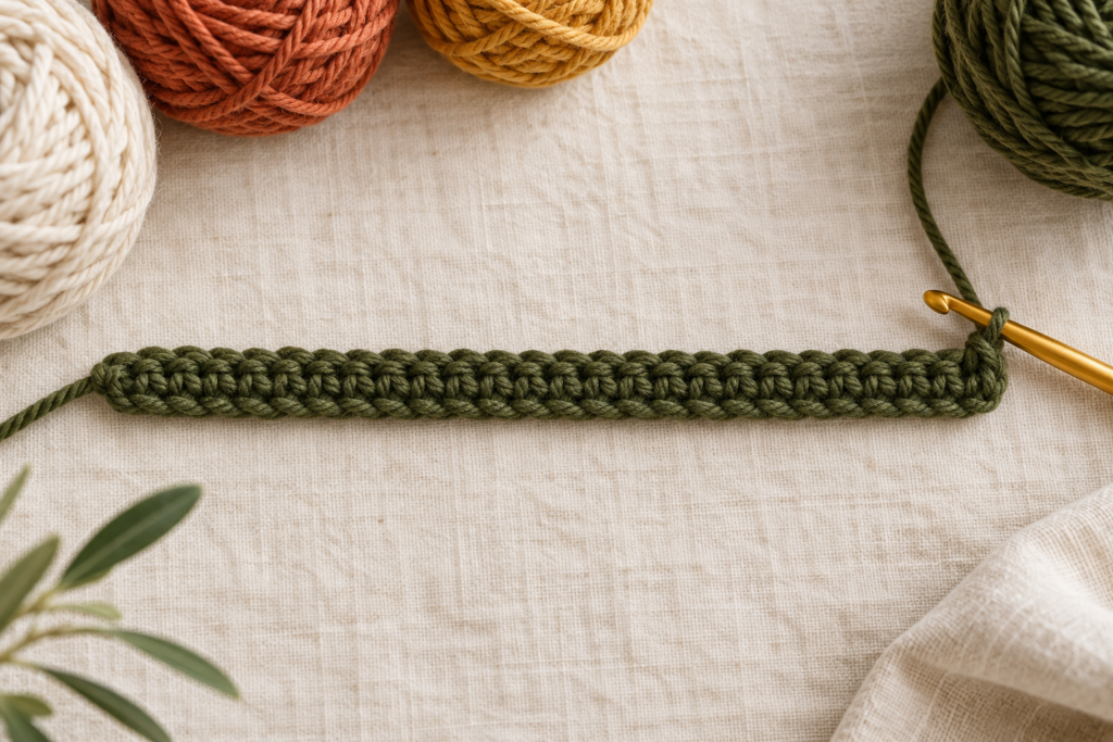 Completed first row with 33 single crochet stitches.