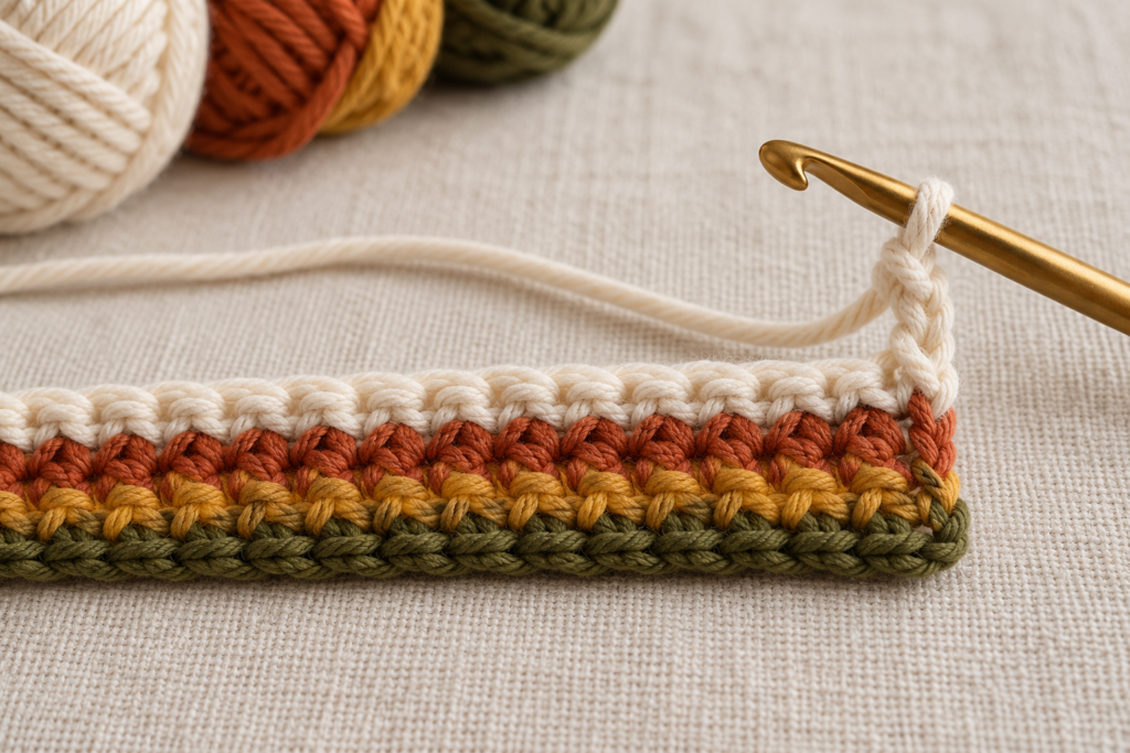 Chain one turning stitch at the end of the crochet potholder row.
