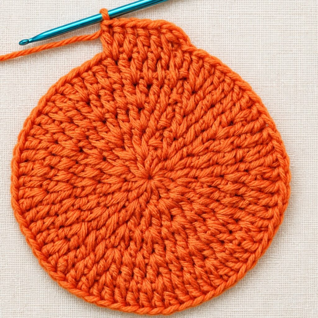 The full circular body of the crochet potholder before the decorative border.