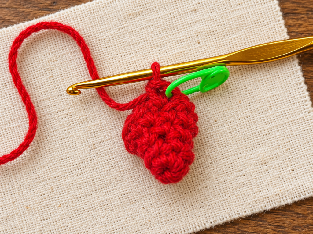 Round 6 of the crochet mini Santa hat ornament showing twelve red single crochet stitches.