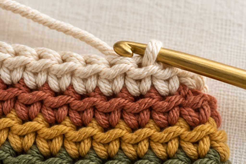 Close view of the back loop on a crochet single crochet stitch.