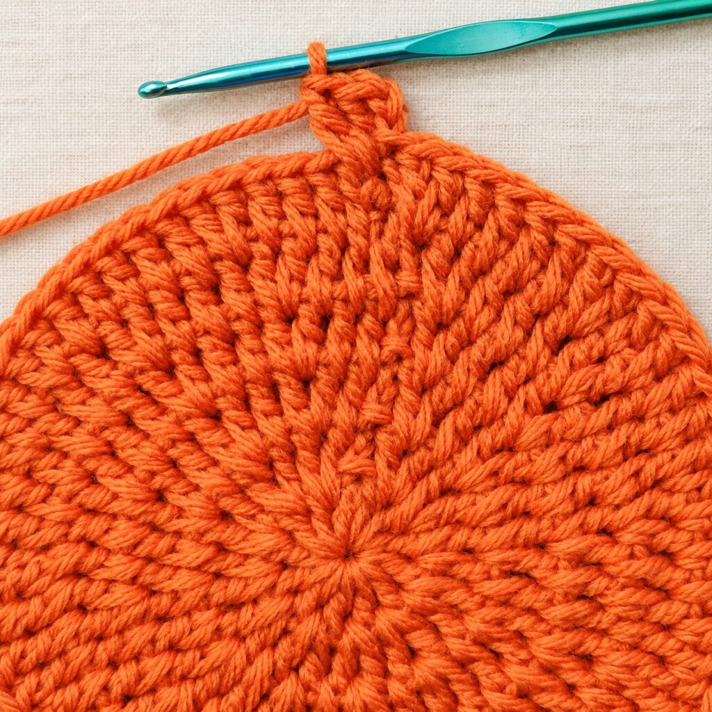 A close view of the decorative scalloped crochet border in progress.