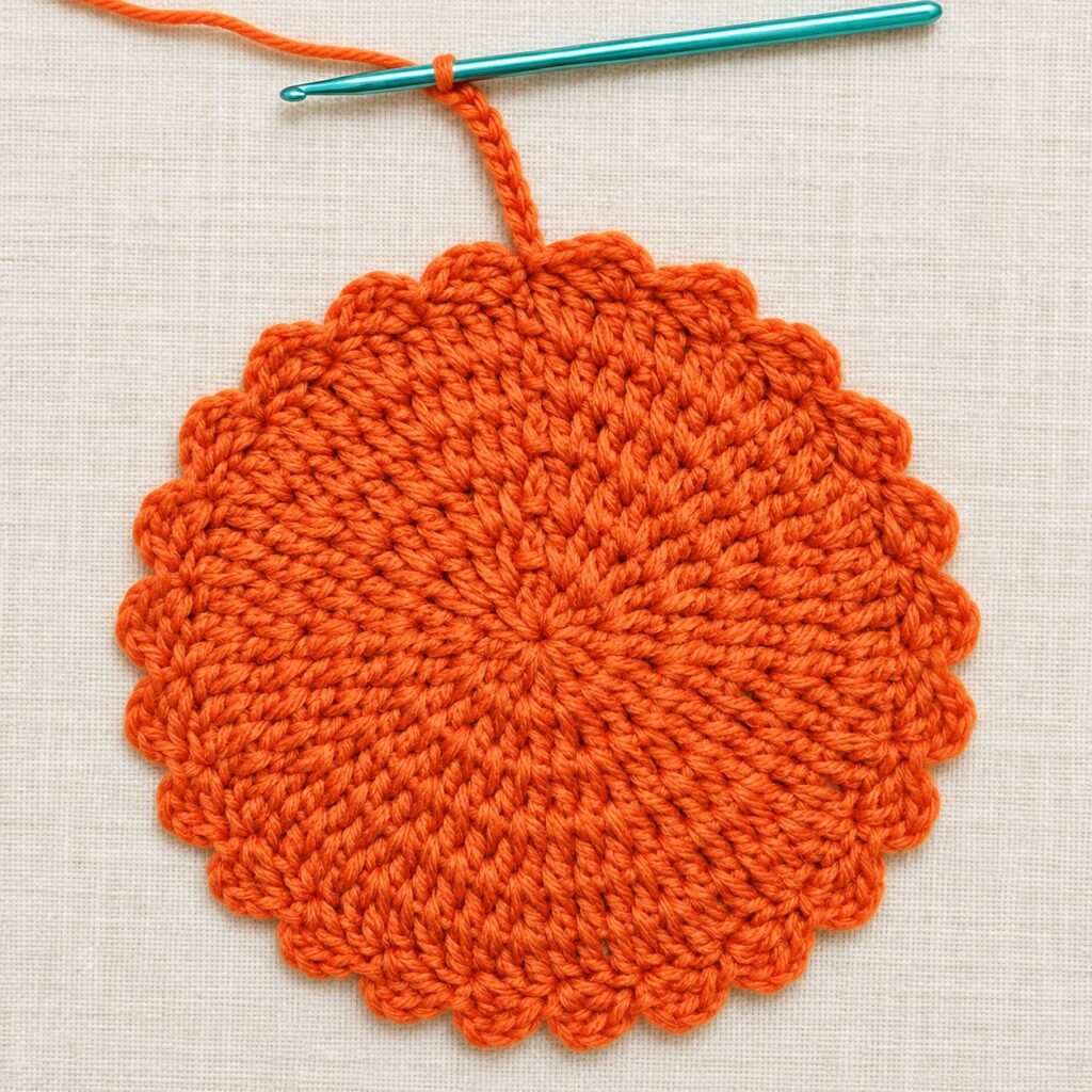 The finished scalloped potholder with a chain loop ready to be joined.