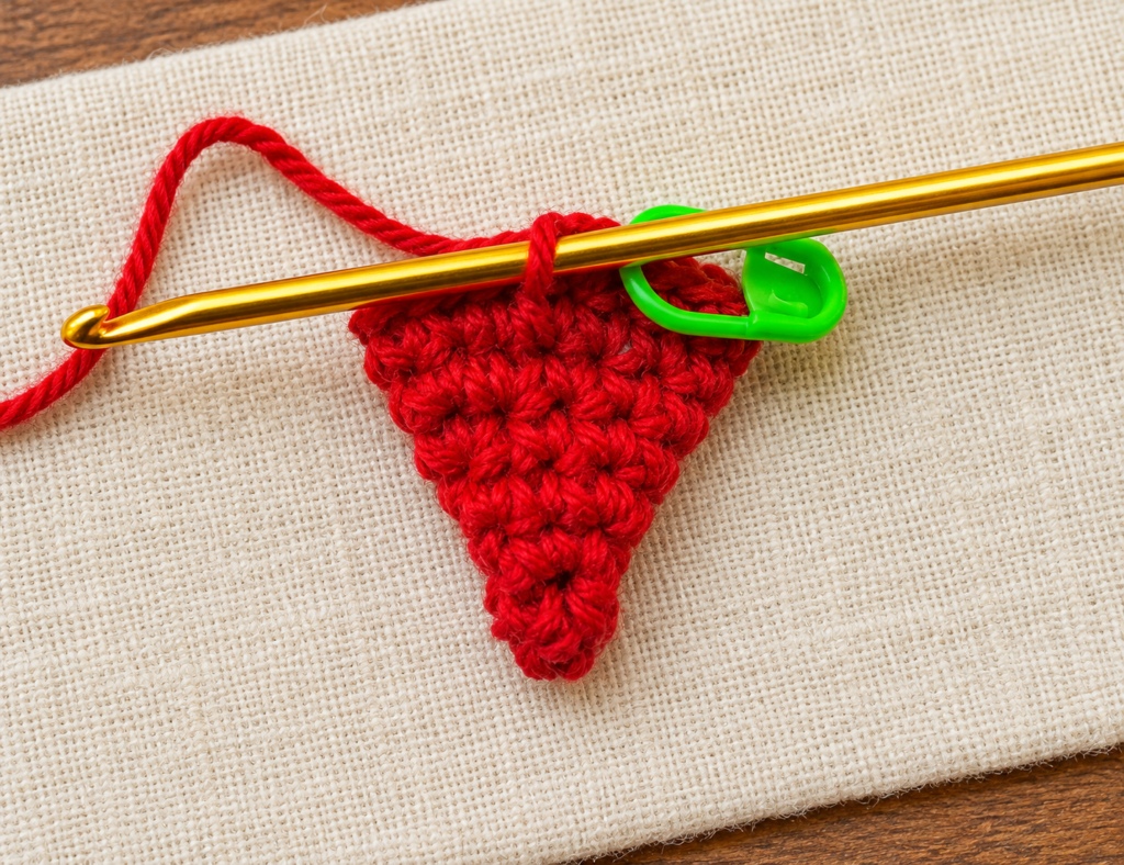 Round 8 of the crochet mini Santa hat ornament showing sixteen red single crochet stitches.