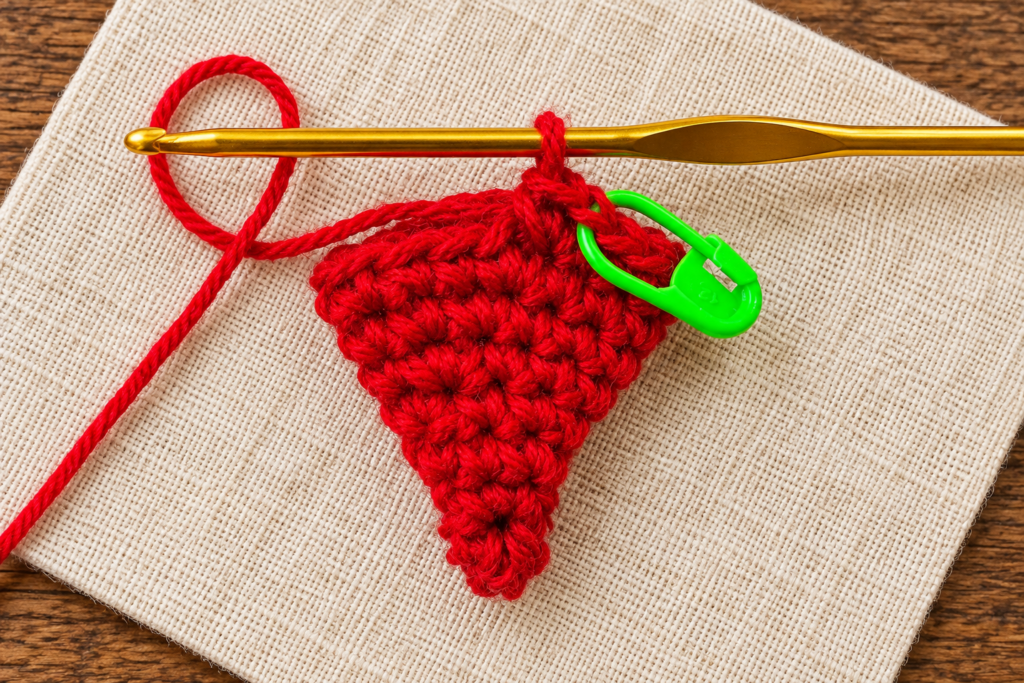 Round 9 of the crochet mini Santa hat ornament showing eighteen red single crochet stitches.