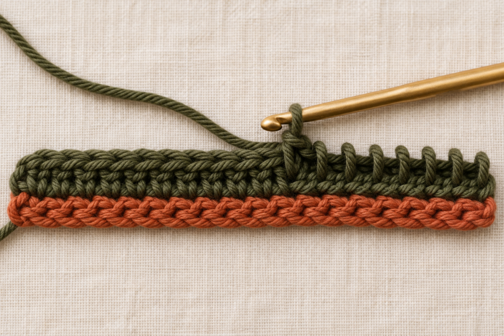 Second row halfway complete in back-loop single crochet.