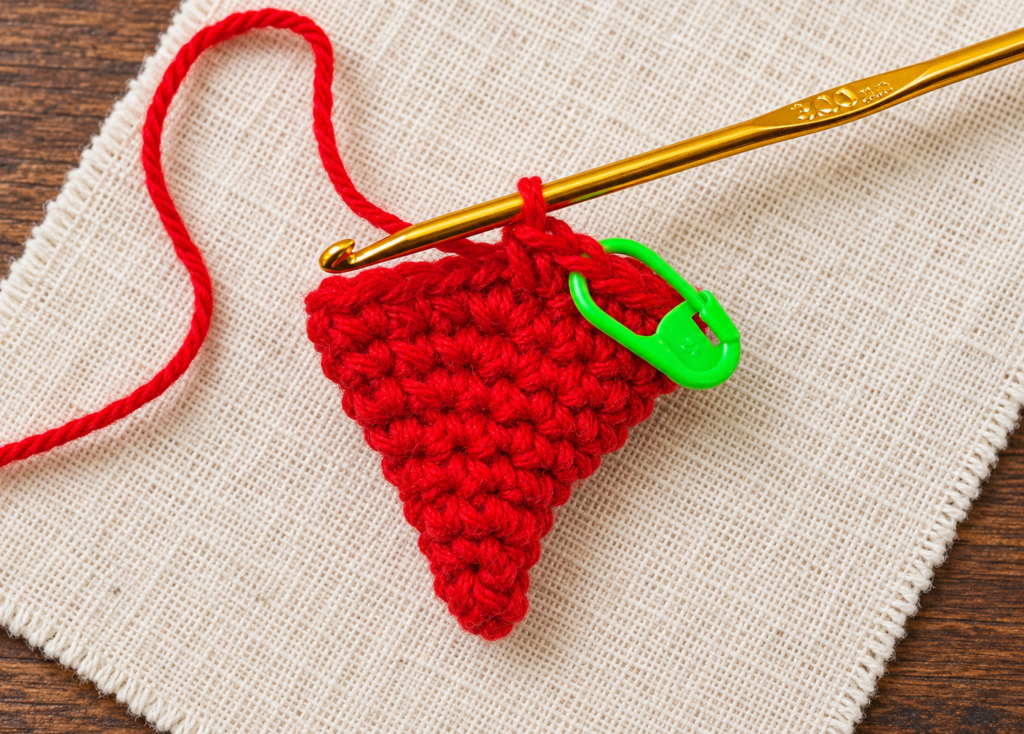 Round 10 of the crochet mini Santa hat ornament showing twenty red single crochet stitches.