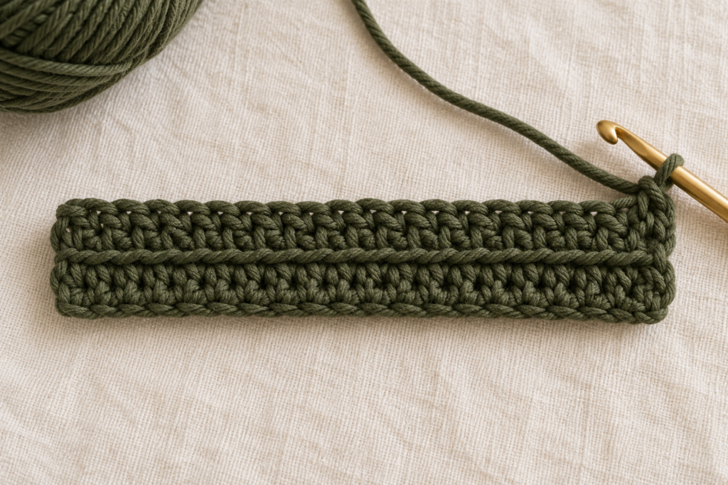 Second row complete with 33 textured single crochet stitches.