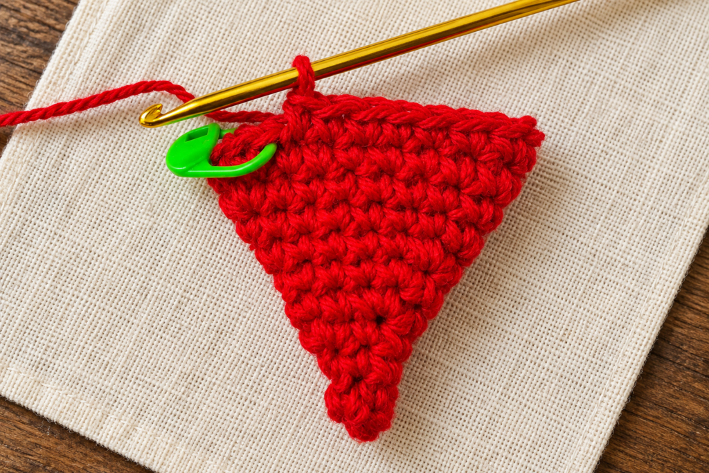 Round 11 of the crochet mini Santa hat ornament showing twenty-two red single crochet stitches.