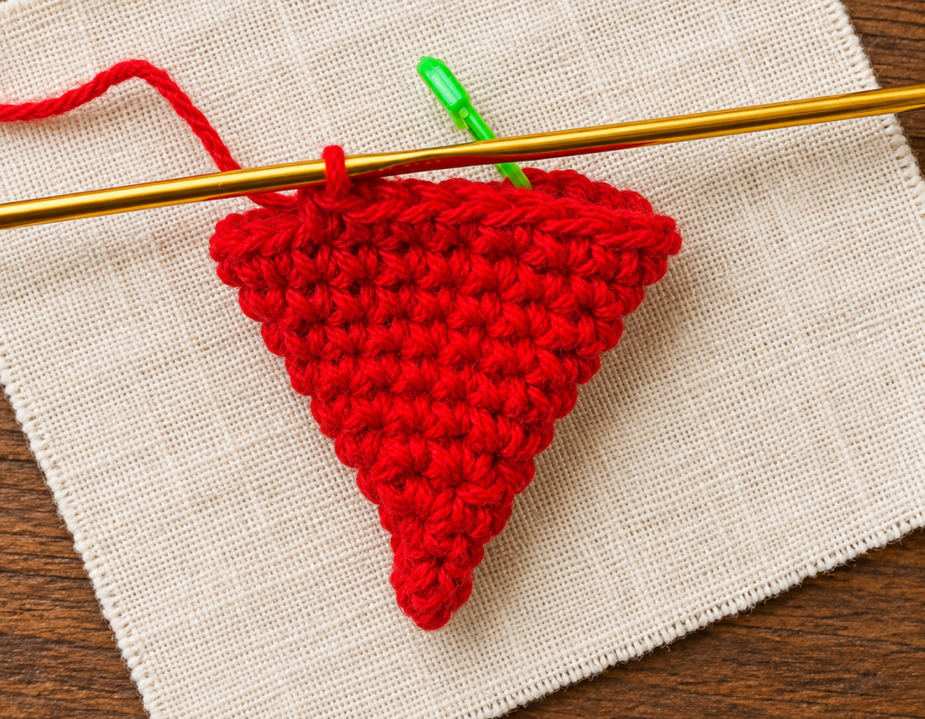 Round 12 of the crochet mini Santa hat ornament showing the completed twenty-four-stitch red cone.